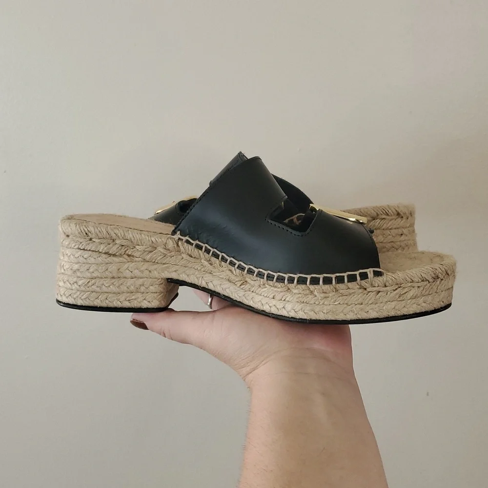 J. Crew Black Leather Block Heel Espadrille Sandals Size 8 Gold Buckle Womens